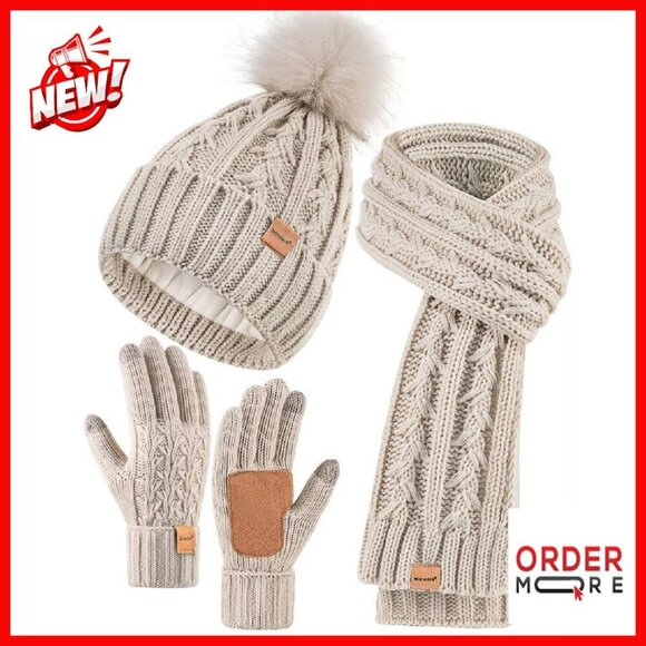 Fleece Lined Winter Beanie Scarf Gloves Set Touchscreen Warm main image 7
